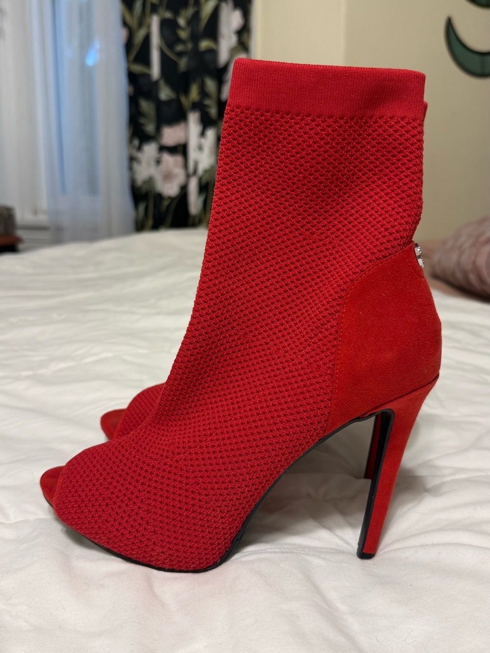 Guess Red Knit Peep-Toe Sock Booties - Women